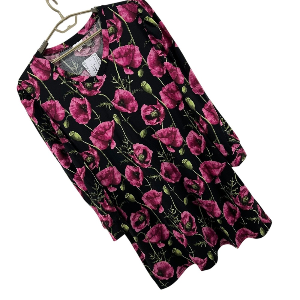 LuLaRoe Ava Mutton Sleeve Dress 3XL NWT Pink Poppy Floral Black V-Neck Plus Size - Picture 2 of 10